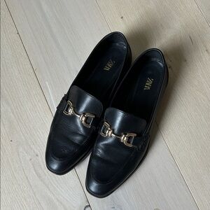 Zara true leather Black Loafers with Gold Accent